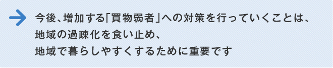 今後、増加する「買物弱者」への対策をおこなっていくことは、地域の過疎化を食い止め、地域で暮らしやすくするために重要です。